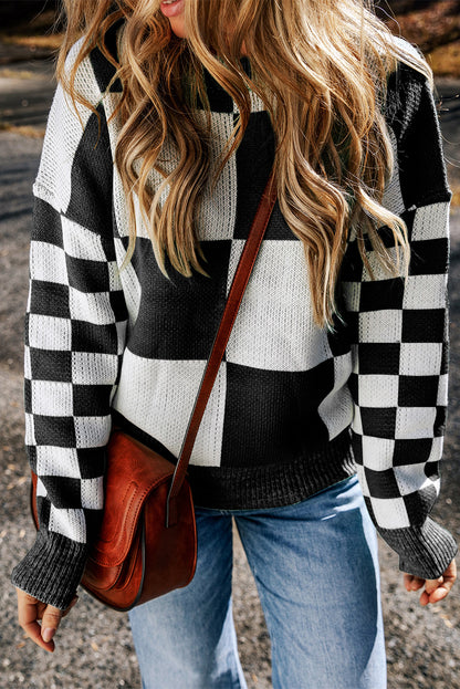 Black Checkered Print Drop Shoulder Sweater Melody Wear™️