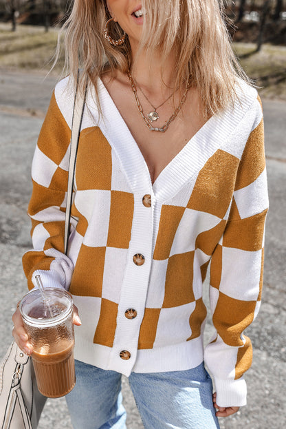 Brown Contrast Checkered Print Button Up Sweater Cardigan Melody Wear™️