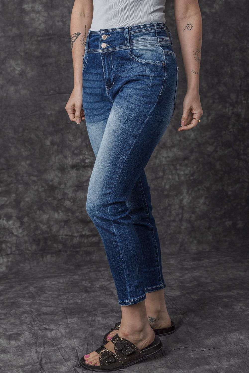 Blue Vintage Washed Two-button High Waist Skinny Jeans Melody Wear™️