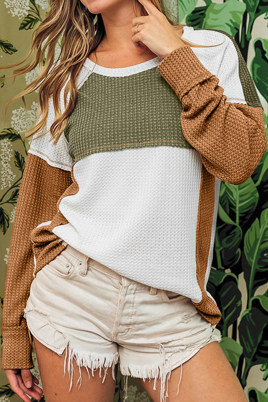 Green Color Block Exposed Seam Waffle Knit Long Sleeve Top Melody Wear™️