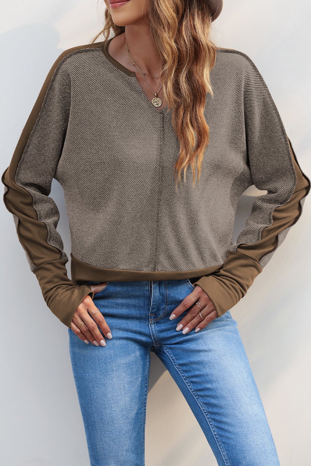 Brown Contrast Patchwork Thumbhole Sleeve Top Melody Wear™️