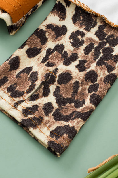 White Leopard Color Block Patchwork Split Neck Long Sleeve Top Melody Wear™️