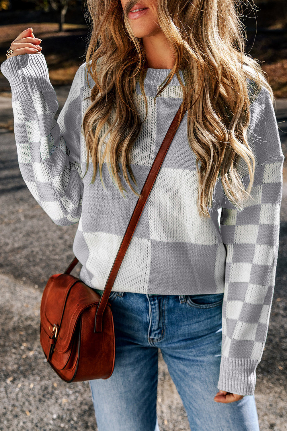 Medium Grey Checkered Print Drop Shoulder Sweater Melody Wear™️