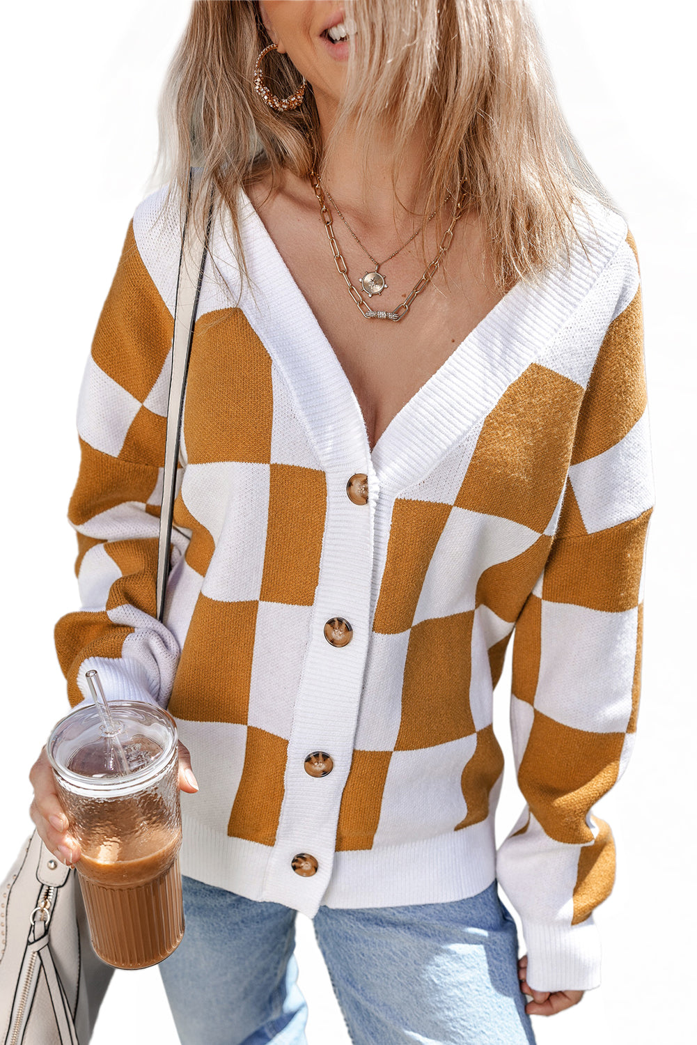 Brown Contrast Checkered Print Button Up Sweater Cardigan Melody Wear™️