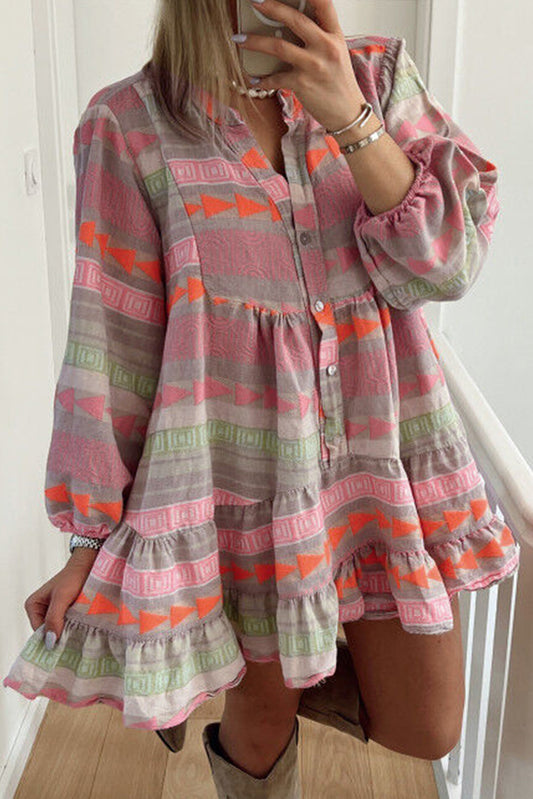 Multicolour Boho Print Puff Sleeve Buttoned Babydoll Dress Melody Wear™️
