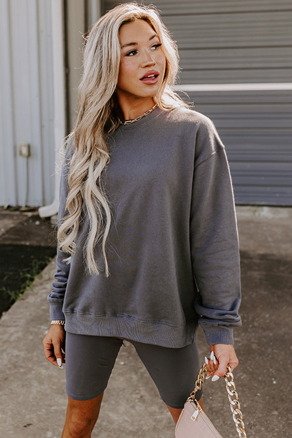 Dark Grey Solid Color Pullover and Skinny Shorts Two Piece Set Melody Wear™️