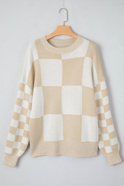 Flaxen Checkered Print Drop Shoulder Sweater Melody Wear™️
