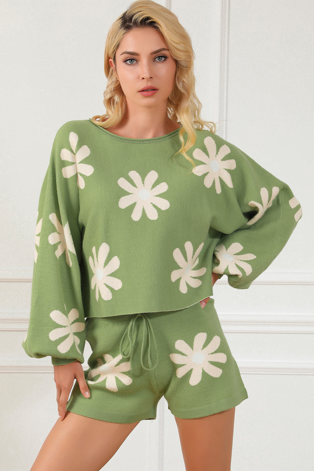 Green Flower Print Bubble Sleeve Knitted Sweater and Shorts Set Melody Wear™️