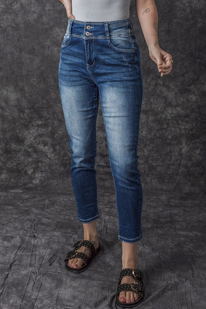 Blue Vintage Washed Two-button High Waist Skinny Jeans Melody Wear™️
