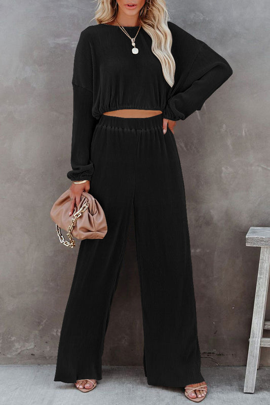 Black Corded Cropped Pullover and Wide Leg Pants Set Melody Wear™️