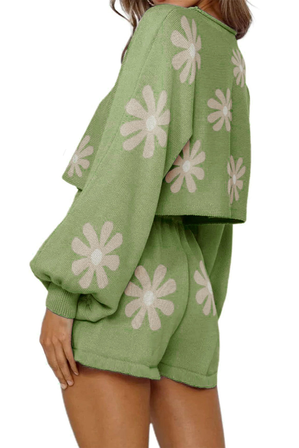 Green Flower Print Bubble Sleeve Knitted Sweater and Shorts Set Melody Wear™️