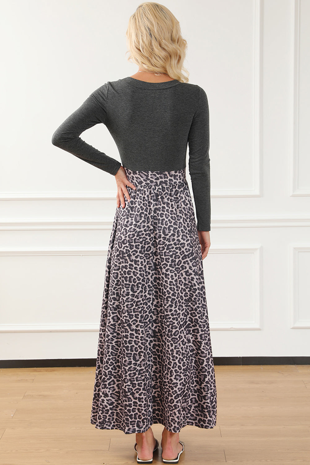 Black Long Sleeve Fitted Bodice Leopard Maxi Dress Melody Wear™️