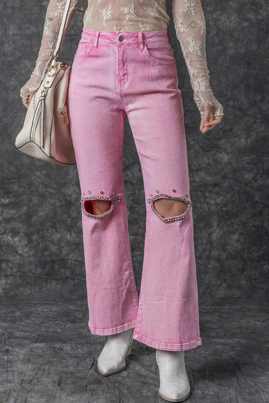 Pink High Waist Rhinestone Cutout Wide Leg Jeans Melody Wear™️