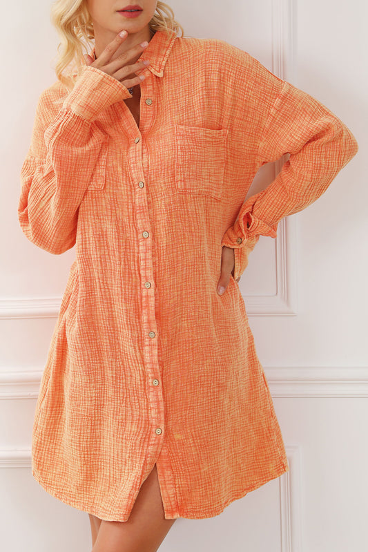 Orange Crinkled Dual Chest Pocket Oversized Shirt Dress Melody Wear™️
