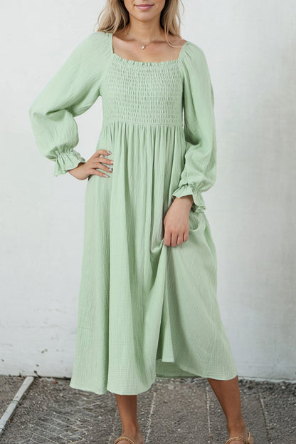 Green Smoked Flounce Sleeve Textured Empire Waist Maxi Dress Melody Wear™️