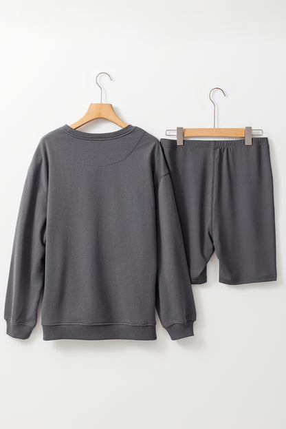 Dark Grey Solid Color Pullover and Skinny Shorts Two Piece Set Melody Wear™️