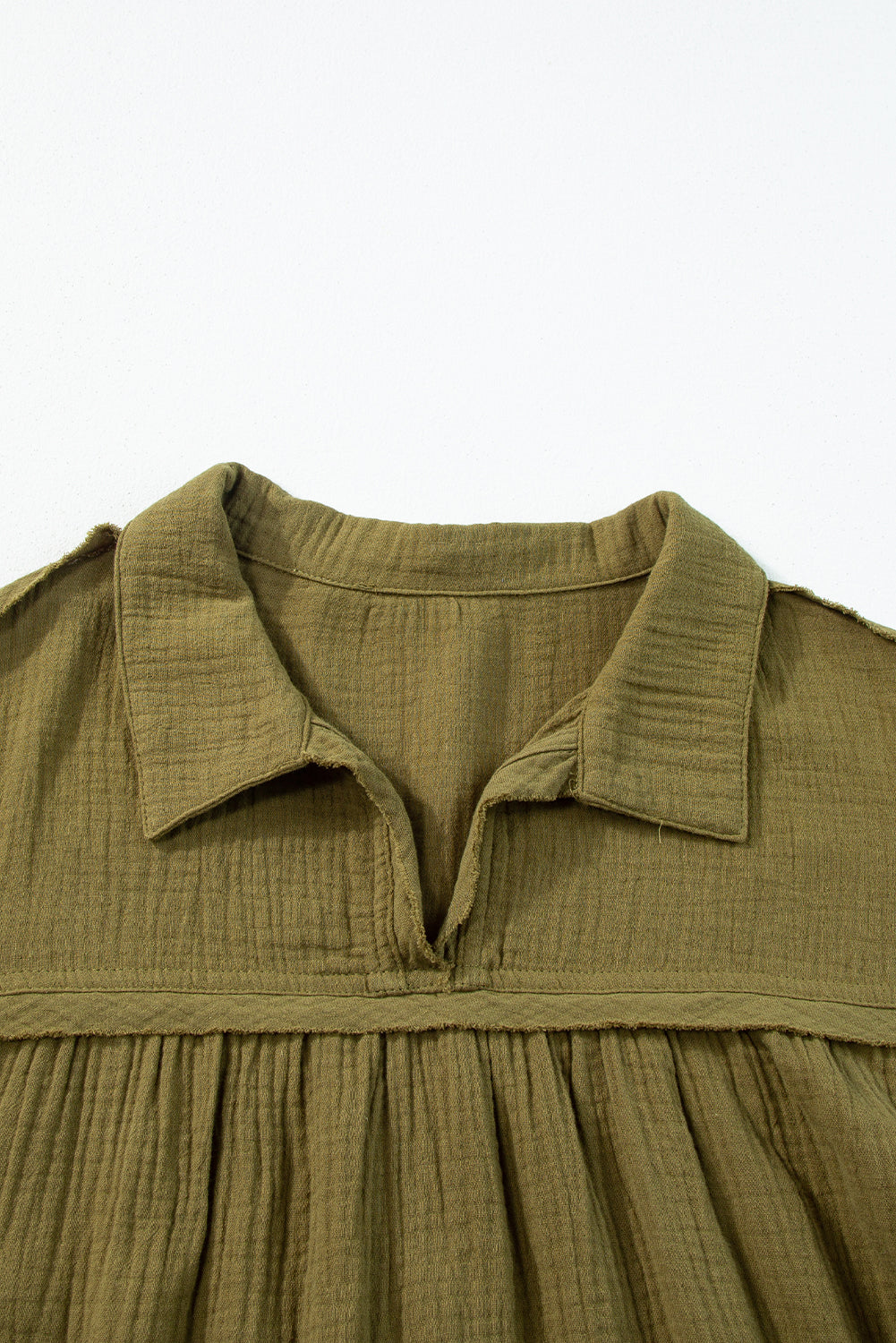Green Frayed Trim Split Neck Puff Sleeve Flared Dress Melody Wear™️