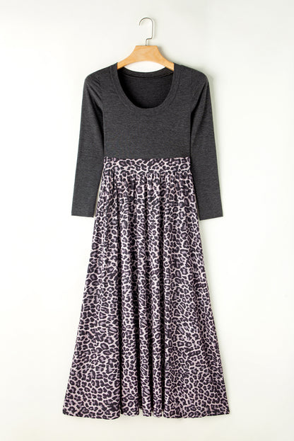 Black Long Sleeve Fitted Bodice Leopard Maxi Dress Melody Wear™️