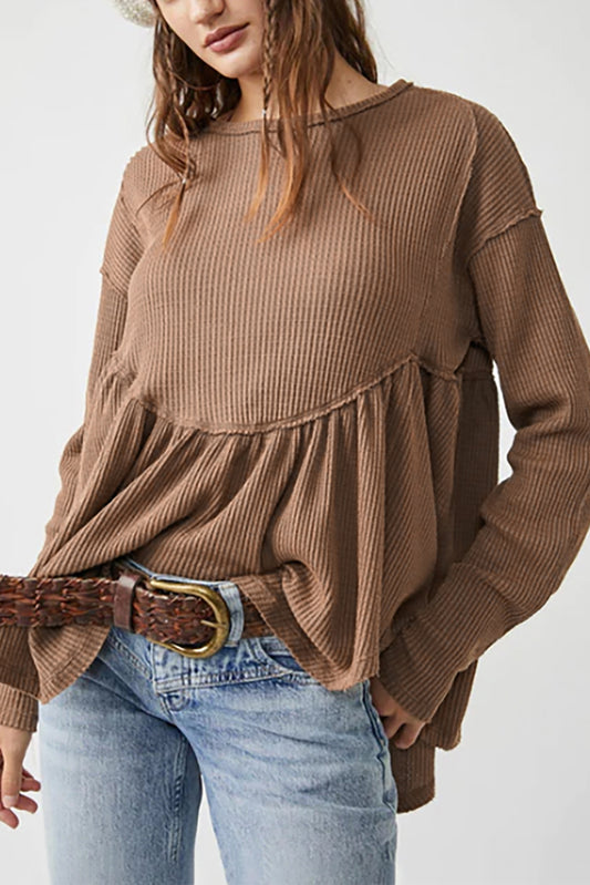 Brown Solid Color Ribbed Long Sleeve Peplum Blouse Melody Wear™️