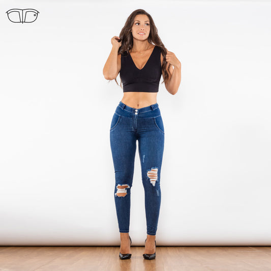 Blue Washed Ripped Middle Waist Ripped Blue Lifting Jeggings