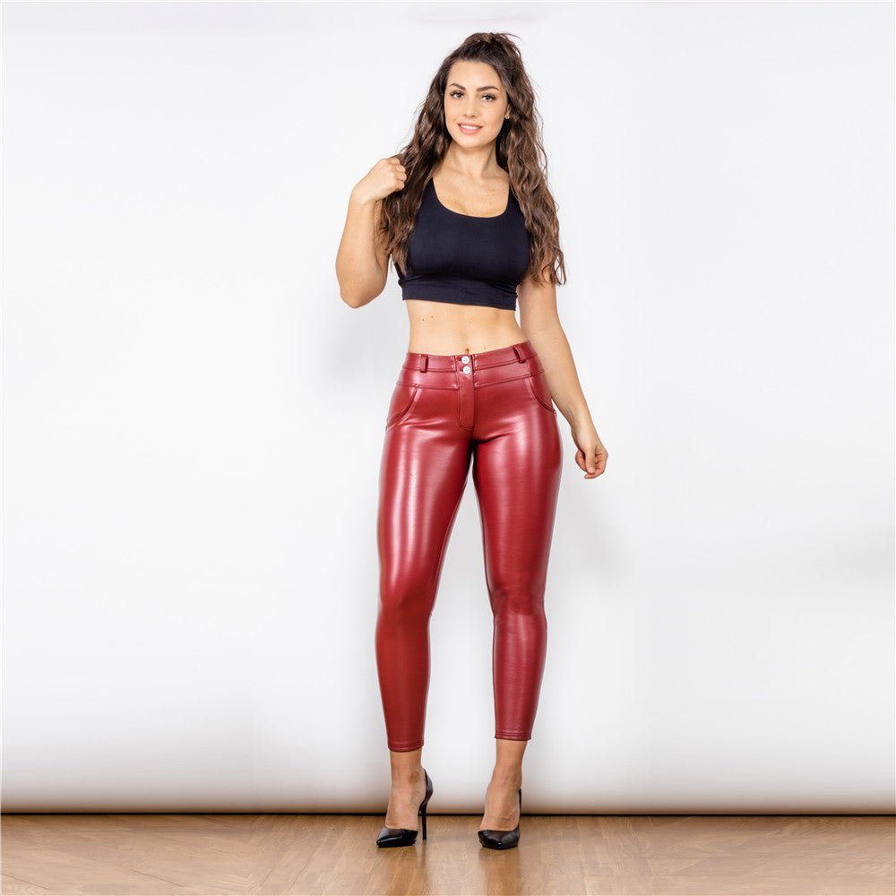 Middle Waist Shinning Wine Red Leather Leggings Melody Wear™️