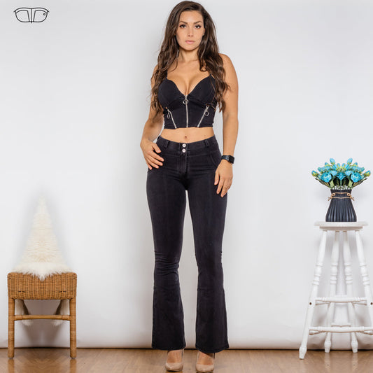 Bodysuit Push Up Top Black Denim Zipper Crop Top Middle Waist Flare Jeans Two Piece Sets Womens Shaper Set