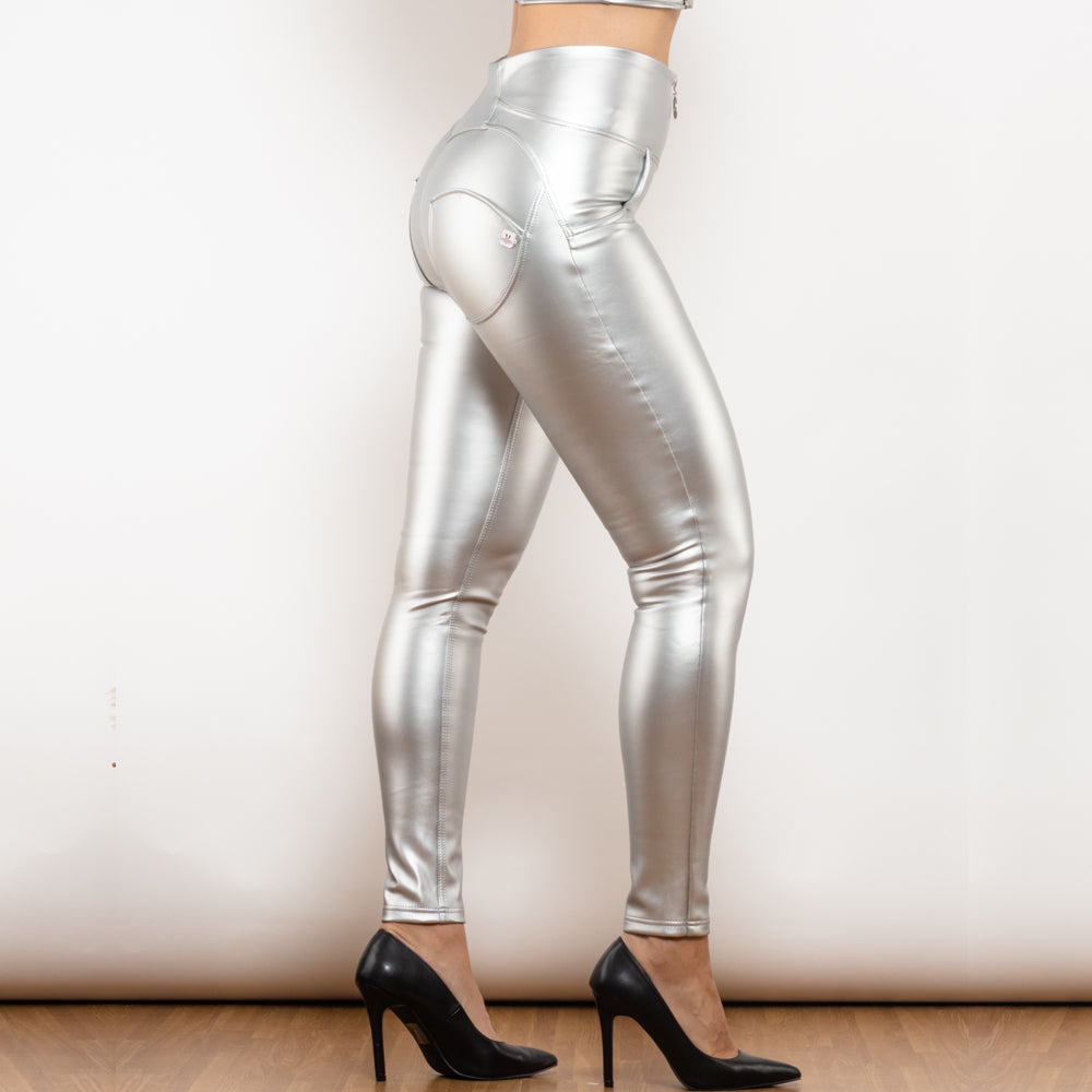 Silver Leather High Waist Pants with Ring Zipper Melody Wear™️