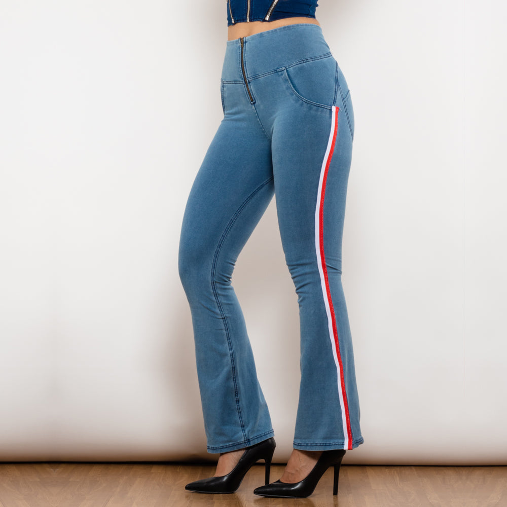 High Waist Dark Thread Light Blue Flare Jeans with Stripe Melody Wear™️