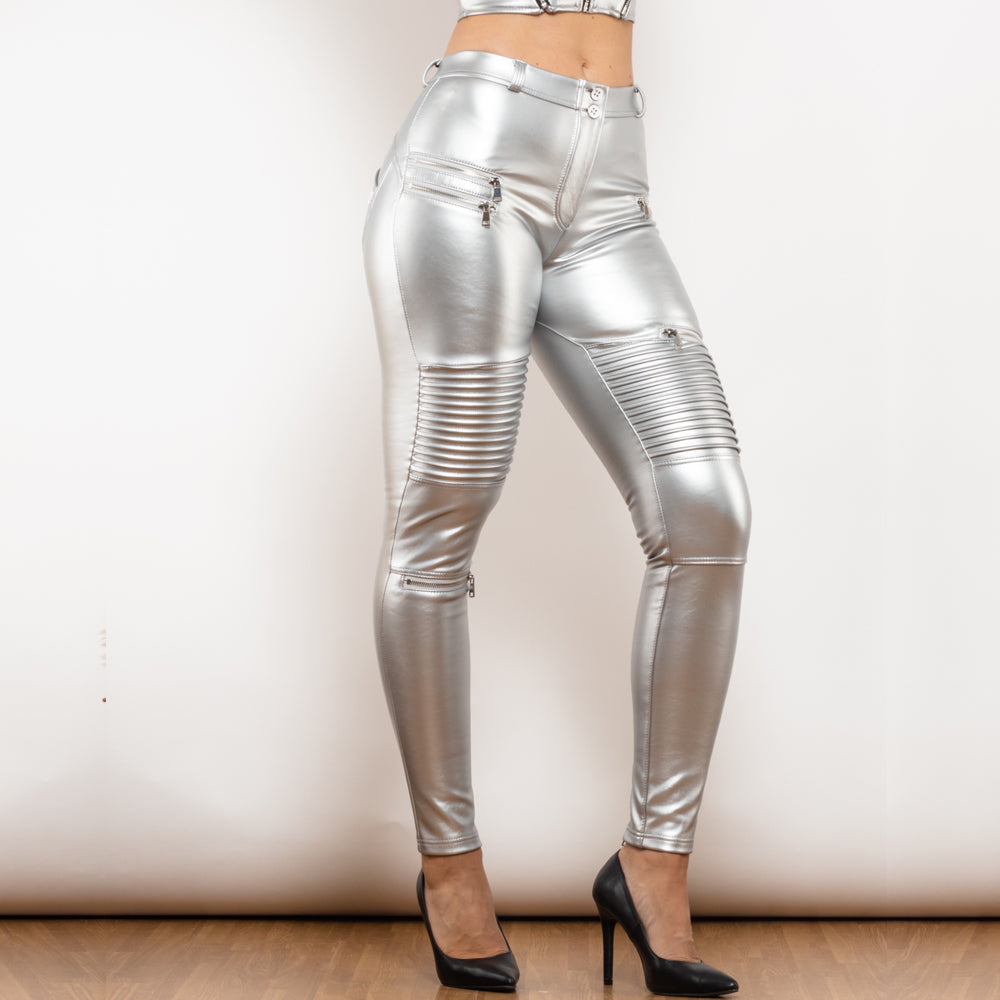 Middle Waist Silver Motor Leather Pants Melody Wear™️