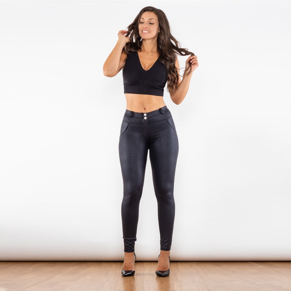 Crackle Black Coated Middle Waist Lifting Pants Melody Wear™️