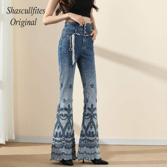 Original High Waist Retro Straight Loose Mopping 3 Buttons Jeans  Bottom Embroidered Women Denim Pants Jeans