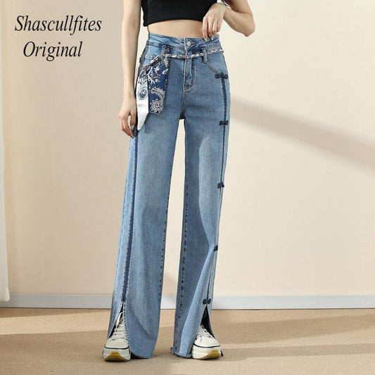 Original Woman New High Street Buttons Split Wide Leg Straight Jeans Women Fashion Casual Pants Women's Jeans
