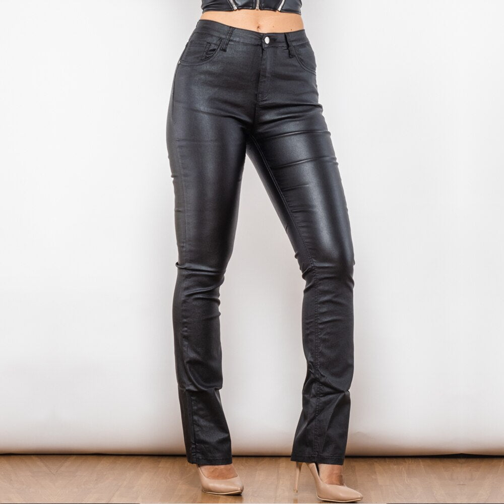 Black Coated Flared Pants Super Stretchy Trousers Waxed Pants Top Quality Wet Look Pants Women's Pants Melody Wear™️