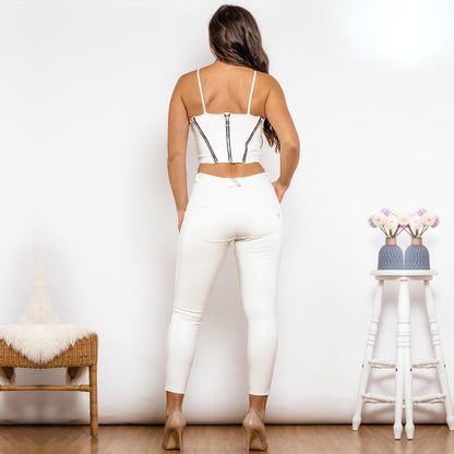 White Leather Shapers And Middle Waist Shinning White Leather Leggings Set Melody Wear™️