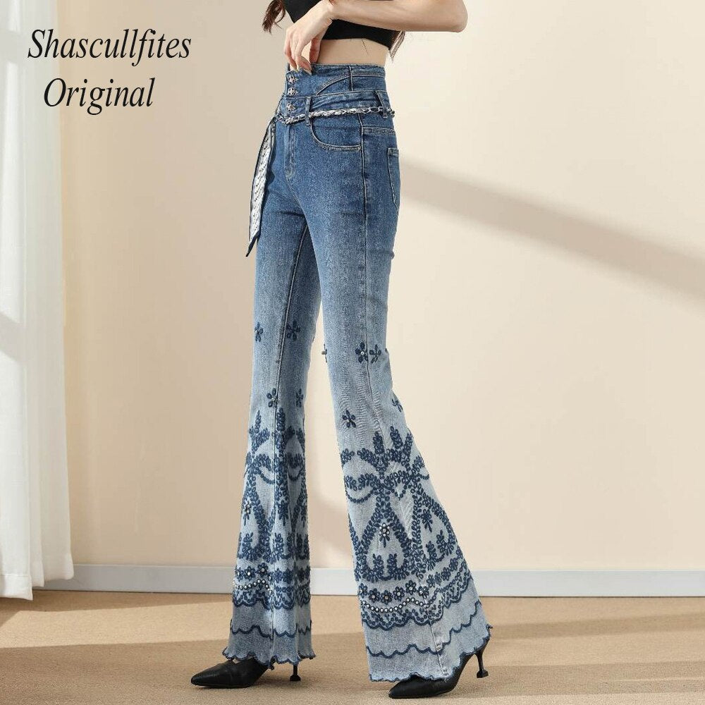 Original High Waist Retro Straight Loose Mopping 3 Buttons Jeans  Bottom Embroidered Women Denim Pants Jeans Melody Wear™️