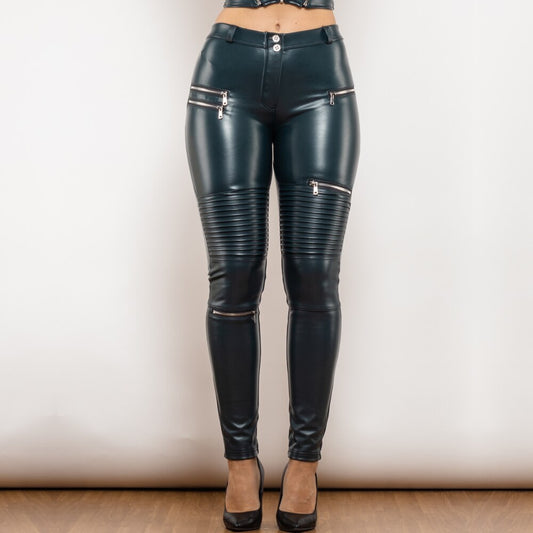 Middle Waist Blue Motor Leather Pants