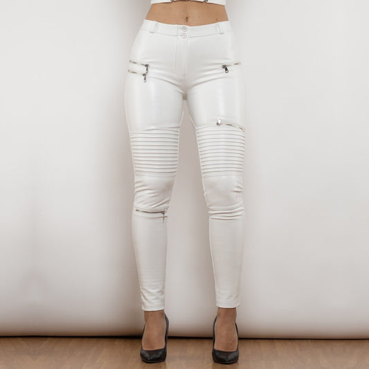 Middle Waist White Motor Leather Pants