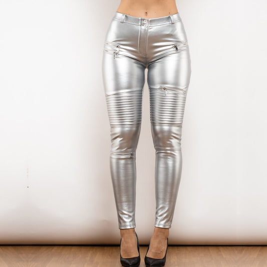 Middle Waist Silver Motor Leather Pants