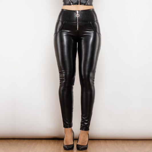 Shinning Black Leather High Waist Pants with Ring Zipper