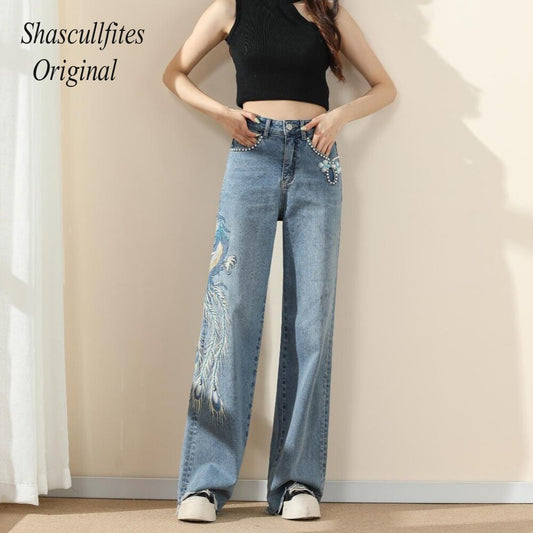 Original Embroidery Straight Loose Blue Women Jeans Wide Leg Fashion Pants Over Size Jeans