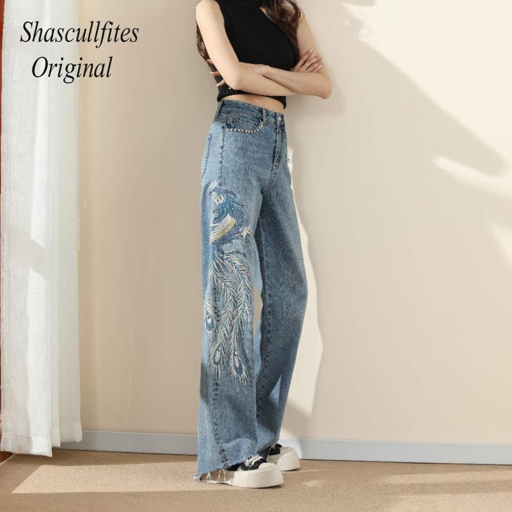 Original Embroidery Straight Loose Blue Women Jeans Wide Leg Fashion Pants Over Size Jeans Melody Wear™️