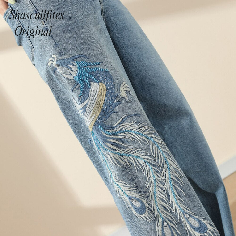 Original Embroidery Straight Loose Blue Women Jeans Wide Leg Fashion Pants Over Size Jeans Melody Wear™️