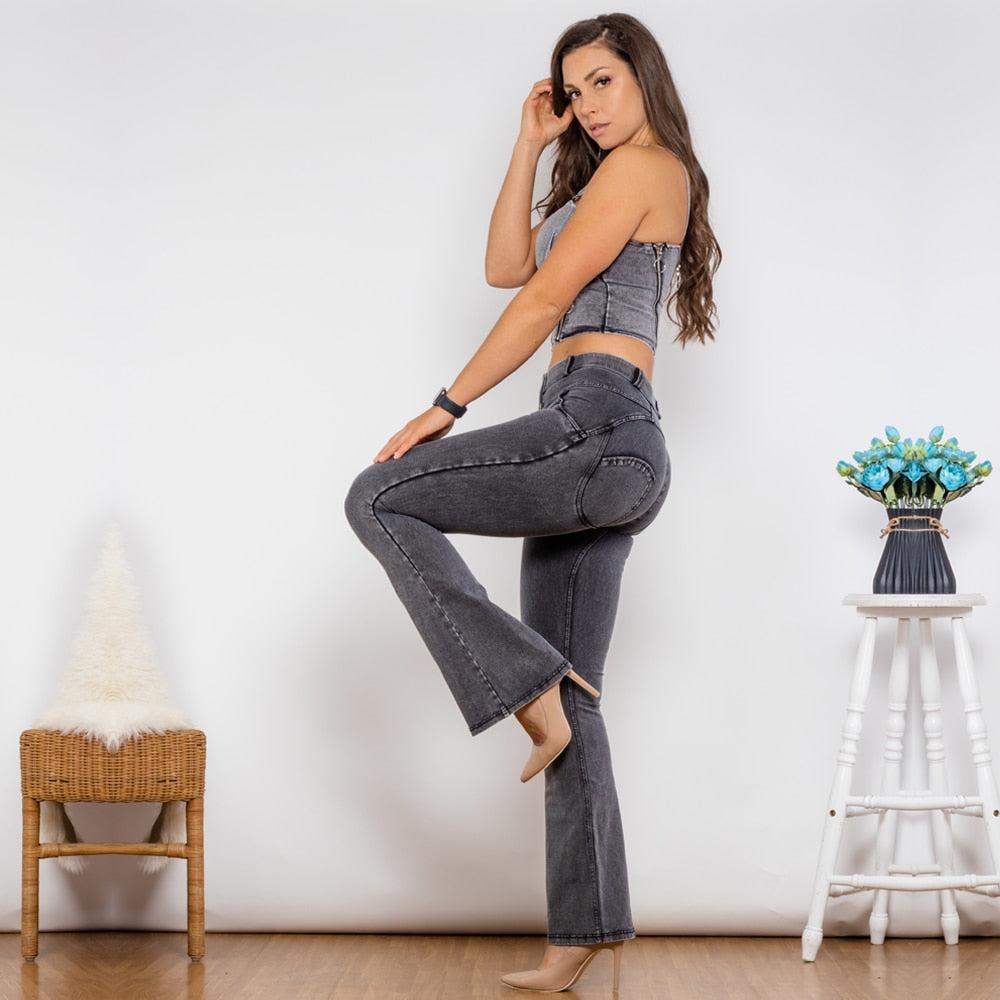 Shaper Suit Grey Denim Bodysuit Zipper Push Up Top Middle Waist Butt Lift Flare Jeans Women Two Piece Outfits Melody Wear™️