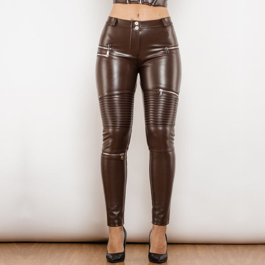 Middle Waist Brown Motor Leather Pants