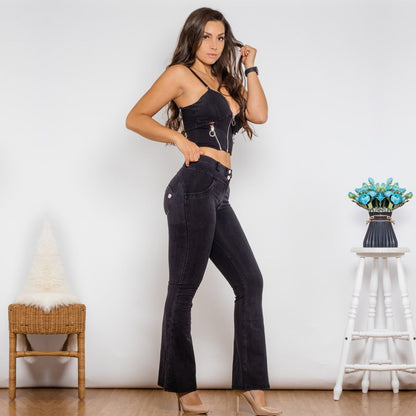 Bodysuit Push Up Top Black Denim Zipper Crop Top Middle Waist Flare Jeans Two Piece Sets Womens Shaper Set Melody Wear™️