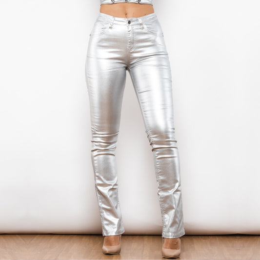 Silver Coated And Waxed Wet Flared Pants