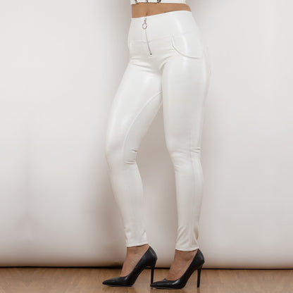 White Leather High Waist Pants with Ring Zipper Melody Wear™️