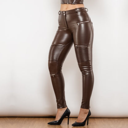 Middle Waist Brown Motor Leather Pants Melody Wear™️