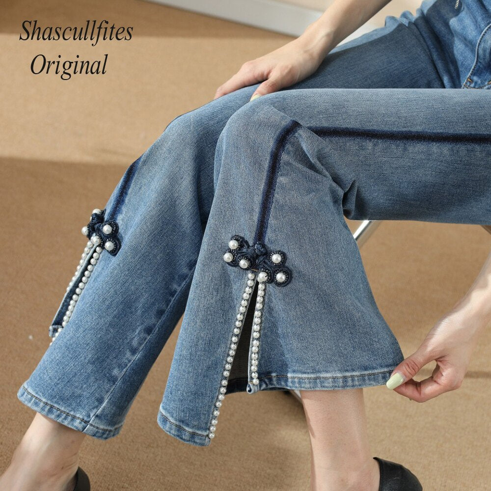 Original Design Tassels Jeans High Waist Casual Loose Denim Jeans Womens Clothing Pearl Bell Jeans Melody Wear™️