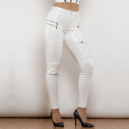 Middle Waist White Motor Leather Pants Melody Wear™️